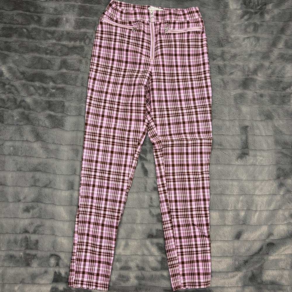 Urban Outfitters Pink Brown Plaid Zipper Front O-Ring Skinny Pants Womens Size 4